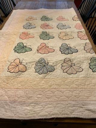 Vintage Hand Applique And Hand Quilted Butterfly Pattern Quilt 64 " X80 " Excellen