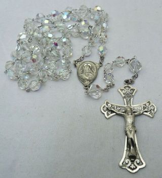 Vintage Signed Chapel Sterling Silver Aurora Borealis Crystal Rosary Beads