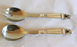 Georg Jensen Sterling Silver Acorn 2 Pc Salad Set With Stainless Bowls 10 1/8 In