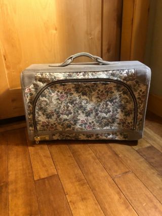 Vintage French Luggage Co.  Grey Rose Tapestry Suede Suitcase