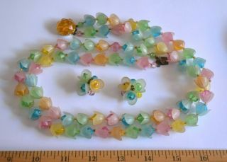 Vintage West Germany Pastel Flowers Beads Necklace And Clip Earrings