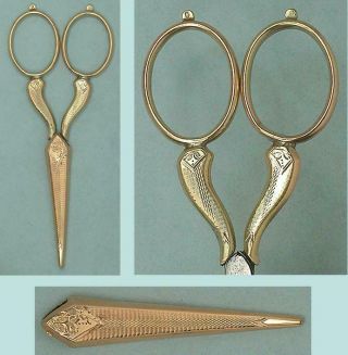 Antique 14 Kt Gold Embroidery Scissors W/ Sheath Dutch Hallmarks Circa 1890s