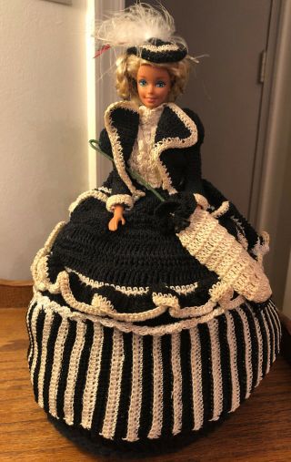 Vintage Blonde Barbie Victorian Black White Hand Crochet Ooak Dress Hat Parasol