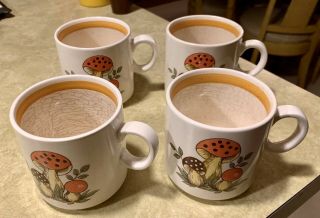 Sears 1977 Merry Mushroom Set Of 4 Mugs Vintage Coffee Tea Cups Roebuck Japan
