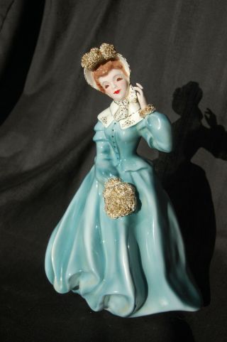 Vintage Florence Ceramics " Clarissa " Figurine With Blue Dress,  Gold Muff