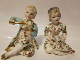 Vintage Pair Porcelain Ceramic Man & Woman Gold Trim And Rinestones Seated Japan