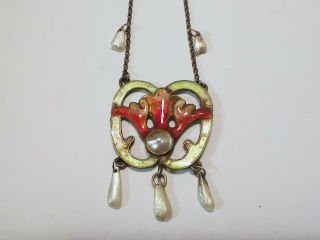 Antique / Art Nouveau Enamel & Mother Of Pearl Necklace / Pendant