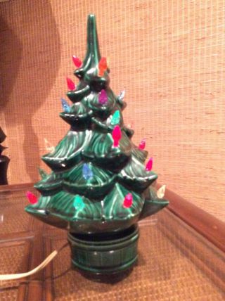 Vintage Signed Ceramic Christmas Tree Light Up 11 1/2” With Base
