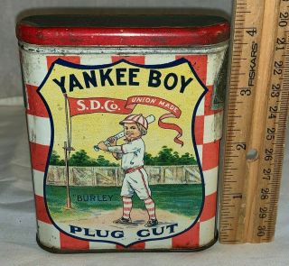 Antique Yankee Boy Plug Tobacco Tin Litho Vertical Pocket Can Baseball Player