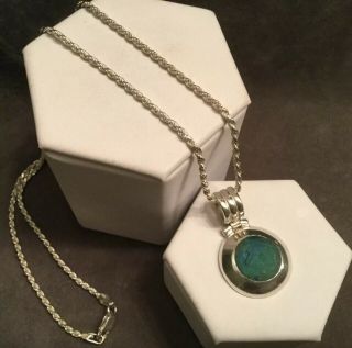 Vintage Retro 925 Sterling Silver Round Inset Turquoise Pendant Necklace 19.  5” 2