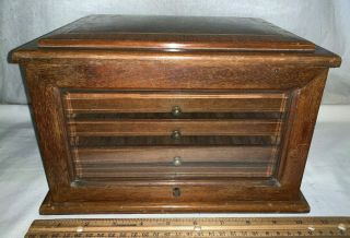 Antique Wood Cigar Humidor Unusual Lift Glass Front Drawers Vintage Tobacco Old