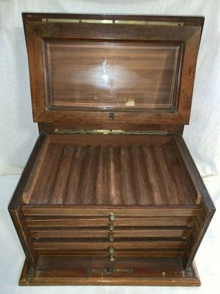 ANTIQUE WOOD CIGAR HUMIDOR UNUSUAL LIFT GLASS FRONT DRAWERS VINTAGE TOBACCO OLD 3
