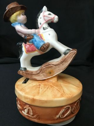 Vintage Figurine “little Cowboy On Rocking Horse” Music Box Plays “toyland”