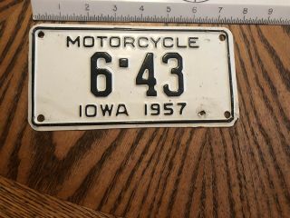 Rare 1957 Iowa Motorcycle License Plate Vintage Antique 6 43 Old Indian