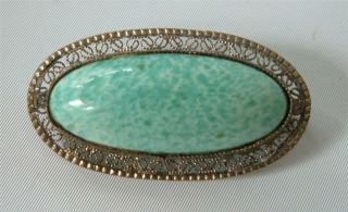 Vintage Art Deco Czech Turquoise Silver Filigree Peking Glass Brooch Pin Oval