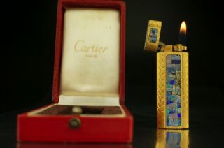 Cartier Gas Lighter Paris Opal Mosaic & Gold Color Oval Vintage A24