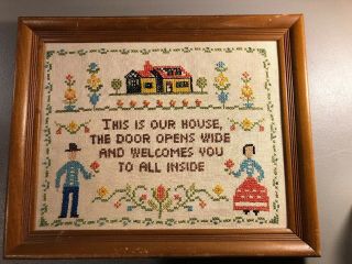 Vintage Cross Stitch Embroidery Framed Linen Welcome To Our House