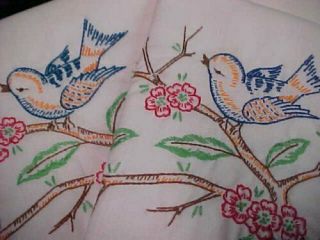 Vintage Pillowcases Hand Embroidered Bluebirds Floral Crocheted Lace 40s Antique