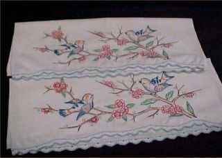 Vintage Pillowcases Hand Embroidered Bluebirds Floral Crocheted Lace 40s Antique 2