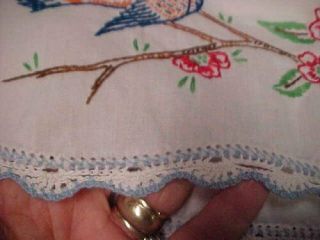Vintage Pillowcases Hand Embroidered Bluebirds Floral Crocheted Lace 40s Antique 3