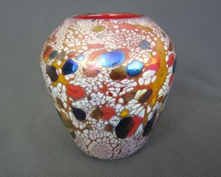 Vintage Hand Made Blown Art Glass Vase Red Interior W/ Colorful Overlay