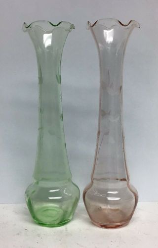 2 Matching Vintage Glass Tall Bud Vases W/etched Flower Green & Pink Antique
