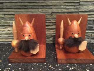Vintage Mid Century Modern Danish Gonk Style Teak Wood Fur Viking Bookends