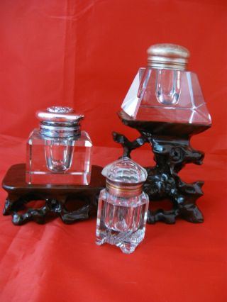 Antique Sterling Silver & Cut Glass Crystal Inkwells (3) Hinged Tops