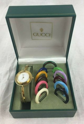 Vintage Gucci 11/12.  2 Bangle Watch - W/ 11 Coloured Bezel Rings - Box