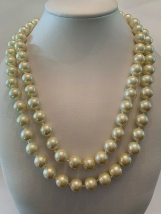 Vintage Signed Ralph Lauren Double Strand Faux Pearl Necklace Rhinestone Clasp 2