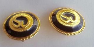 St John Vintage Earrings Haute Couture Gold Logo & Braid Black Enamel
