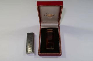 Vintage Cartier Gas Lighter Swiss Made Silver Brown 2 Piece Set