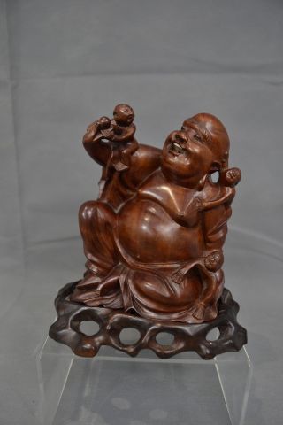 Antique Chinese Wooden Carving Laughing Buddha Statue With Stand
