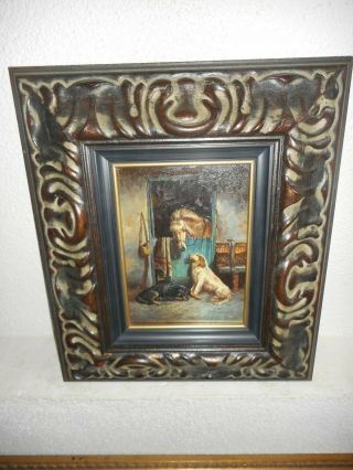 Old Oil Painting,  { Horse With Dogs,  Is Signed,  Frame}.