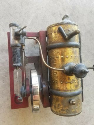 Antique Circa 1900 Horizontal Toy Steam Engine Red Cast Base Brass Boiler - 2