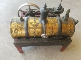 Antique Circa 1900 Horizontal Toy Steam Engine Red Cast Base Brass Boiler - 3