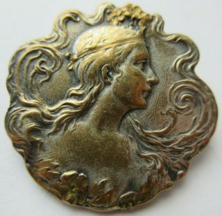 Incredible Xl Antique Vtg Metal Picture Button Art Nouveau Woman 1 - 1/2 " (r)