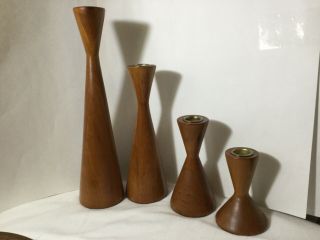 4 Vintage Mid Century Modern Teak Wood Candle Stick Holders Danish Retro