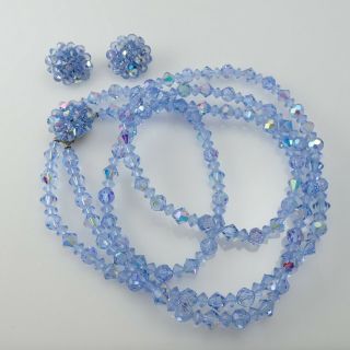 Vintage Blue Ab Crystal Double Strand 24 " Necklace Cluster Earring Set
