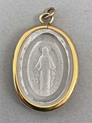 Vintage 1830 Virgin Mary Crystal Glass Yellow Gold Tone Necklace Pendant Charm