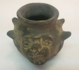 Antique Pre - Columbian Small Pottery Effigy Pot Vessel Bowl W/ Face Mask Ancient