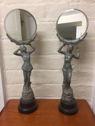 Vintage Art Deco Nouveau Spelter Figurine French Mirror Stand Figures
