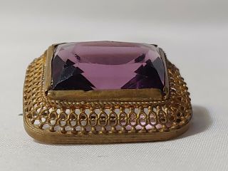 Very Old Vintage Gold Tone Or Brass Purple Glass Brooch