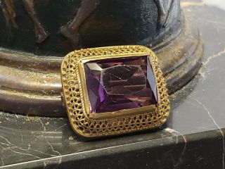 Very Old Vintage Gold Tone or Brass Purple Glass Brooch 2