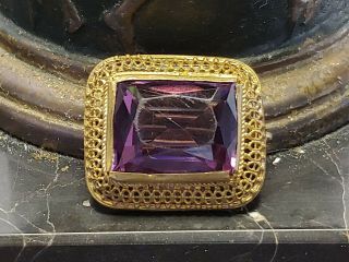 Very Old Vintage Gold Tone or Brass Purple Glass Brooch 3