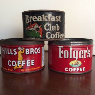 Vintage X 3 1 Lb Coffee Tins Hills Bros & Breakfast Club & Folger’s No Lids
