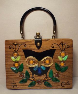 Enid Collins Of Texas Box Bag Wise Guy Owl Brown Wood Purse Vintage