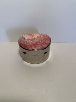 Vintage Polished Pink Agate Mineral Stone Pillbox Trinket Box 2 Sided