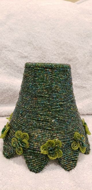 Vintage Glass Beaded Lamp Shade – Blue Green Peacock Colors W/beaded Flowers