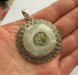 Large Rare Vintage Sterling Silver Green Beryl In White Calcite Pendant - Vgc